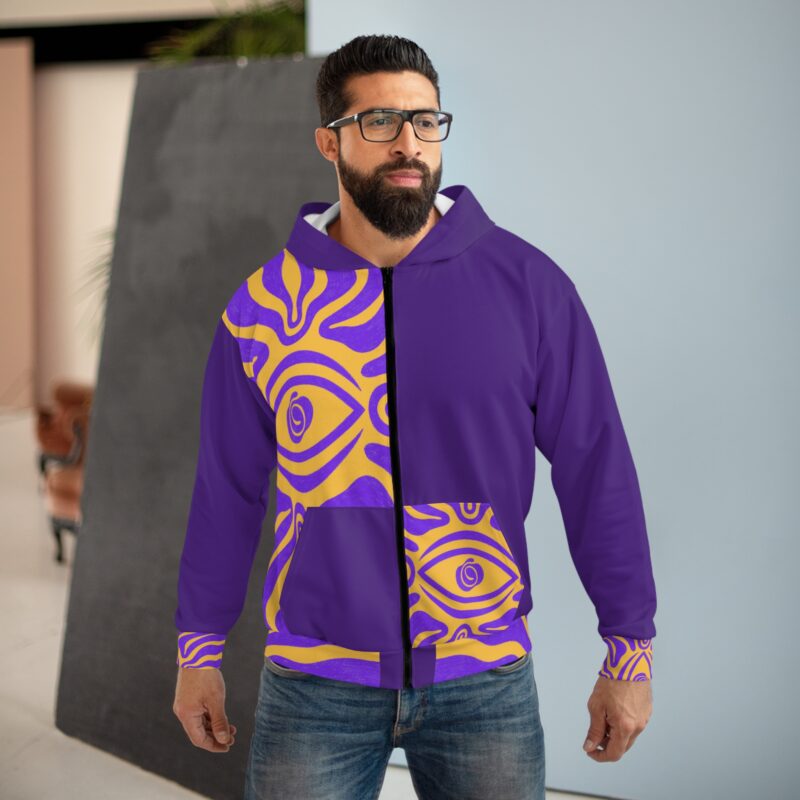 Spiritual Eye Unisex Zip Hoodie – Vibrant Purple & Gold Design