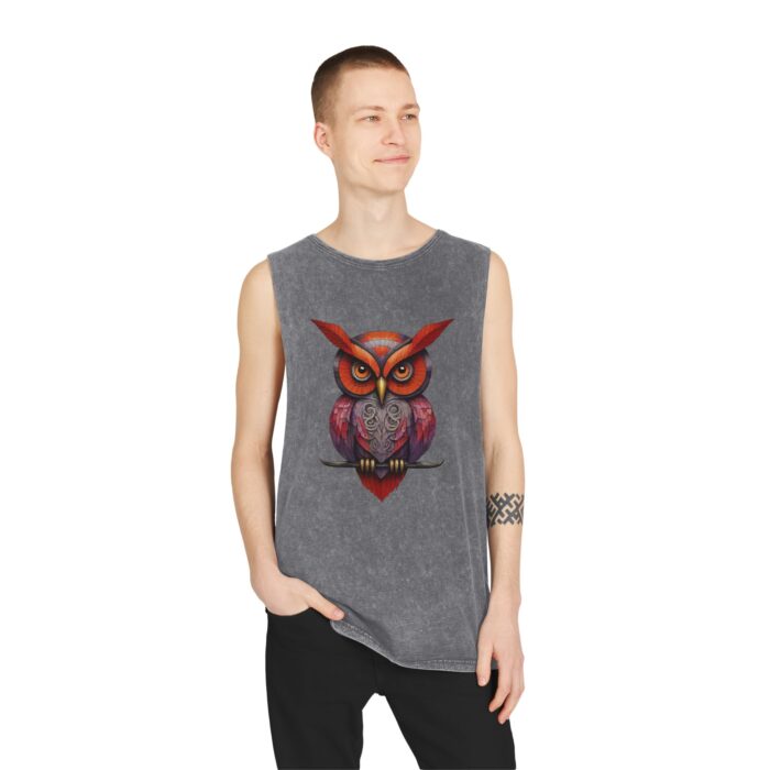 Dark Stonewash Tank Top with Artistic Owl Design | Unisex Vintage Graphic Tee - Image 3