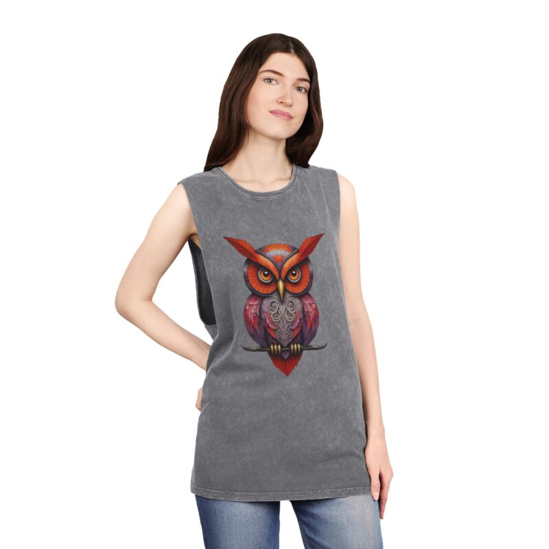 Dark Stonewash Tank Top with Artistic Owl Design | Unisex Vintage Graphic Tee