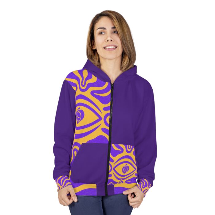 Spiritual Eye Unisex Zip Hoodie – Vibrant Purple & Gold Design - Image 5