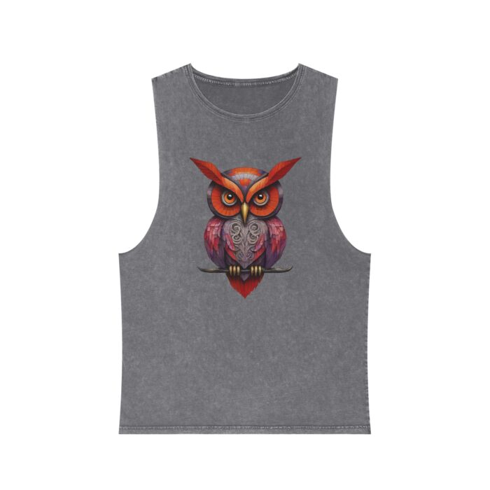 Dark Stonewash Tank Top with Artistic Owl Design | Unisex Vintage Graphic Tee - Image 2