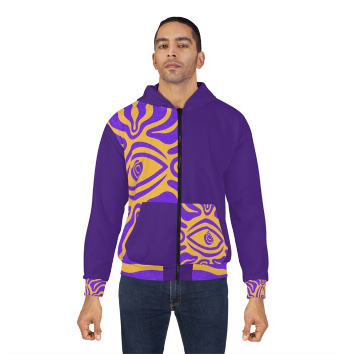 Spiritual Eye Unisex Zip Hoodie – Vibrant Purple & Gold Design - Image 4