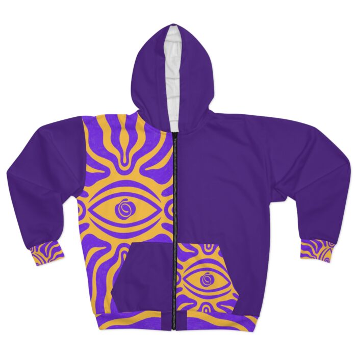 Spiritual Eye Unisex Zip Hoodie – Vibrant Purple & Gold Design - Image 2