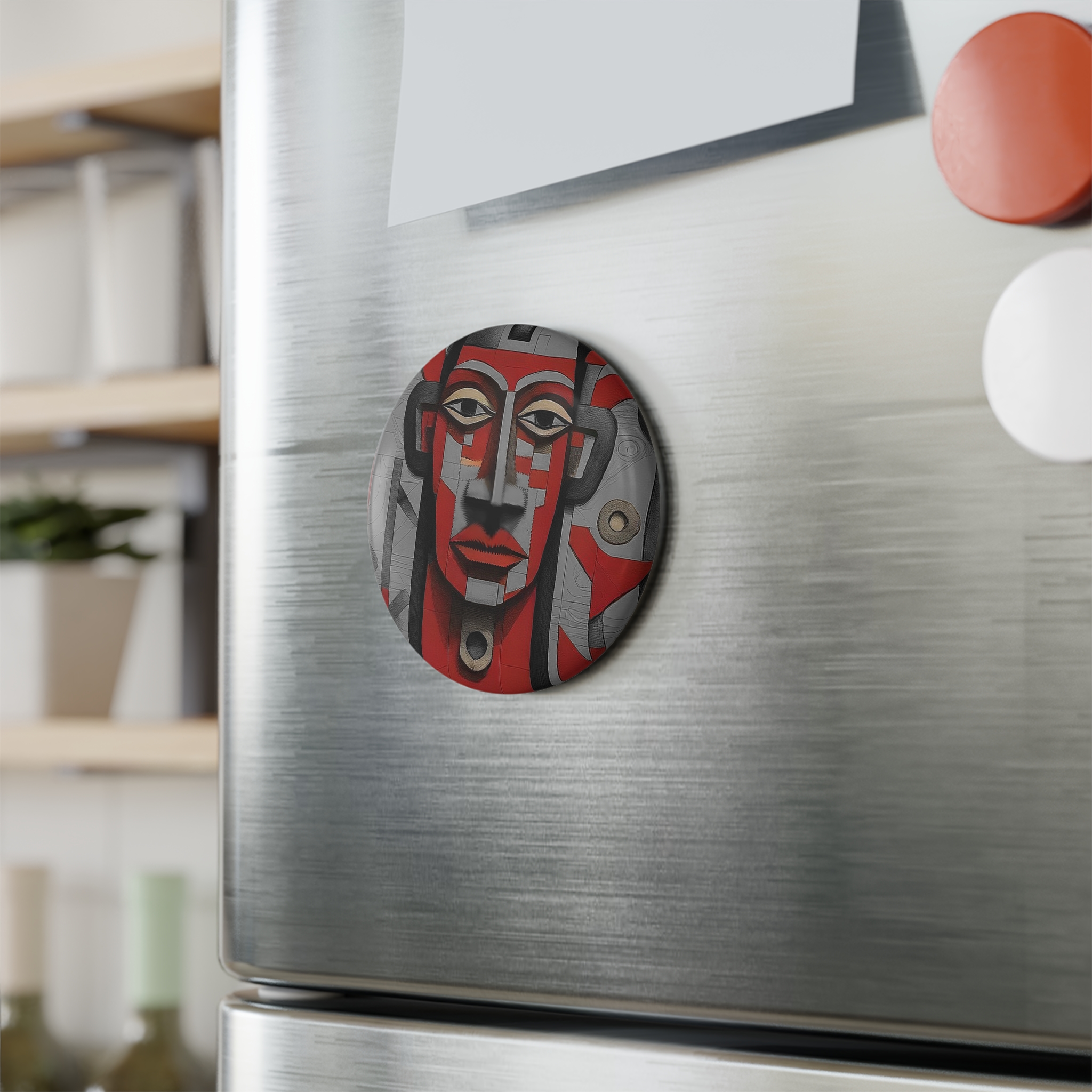 Red Geometric Face Button Magnet — Round Decorative Fridge Magnet - Image 2